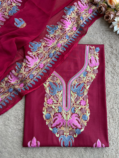 Wine Berry All-Season Kashmiri Embroidered Modal Cotton Suit SetPp