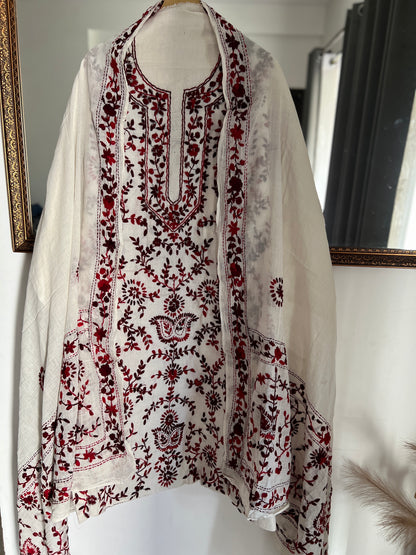 Ivory & Wine Red Hand Embroidered Cotton Suit Set