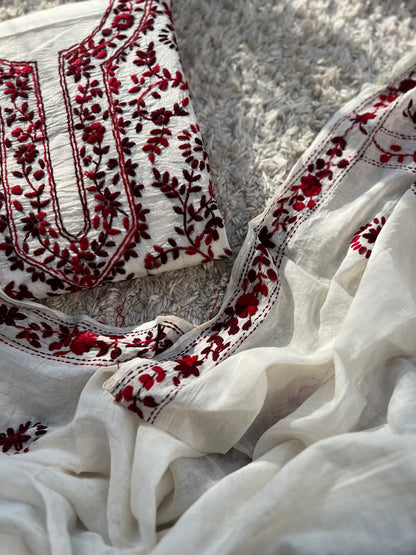 Ivory & Wine Red Hand Embroidered Cotton Suit Set