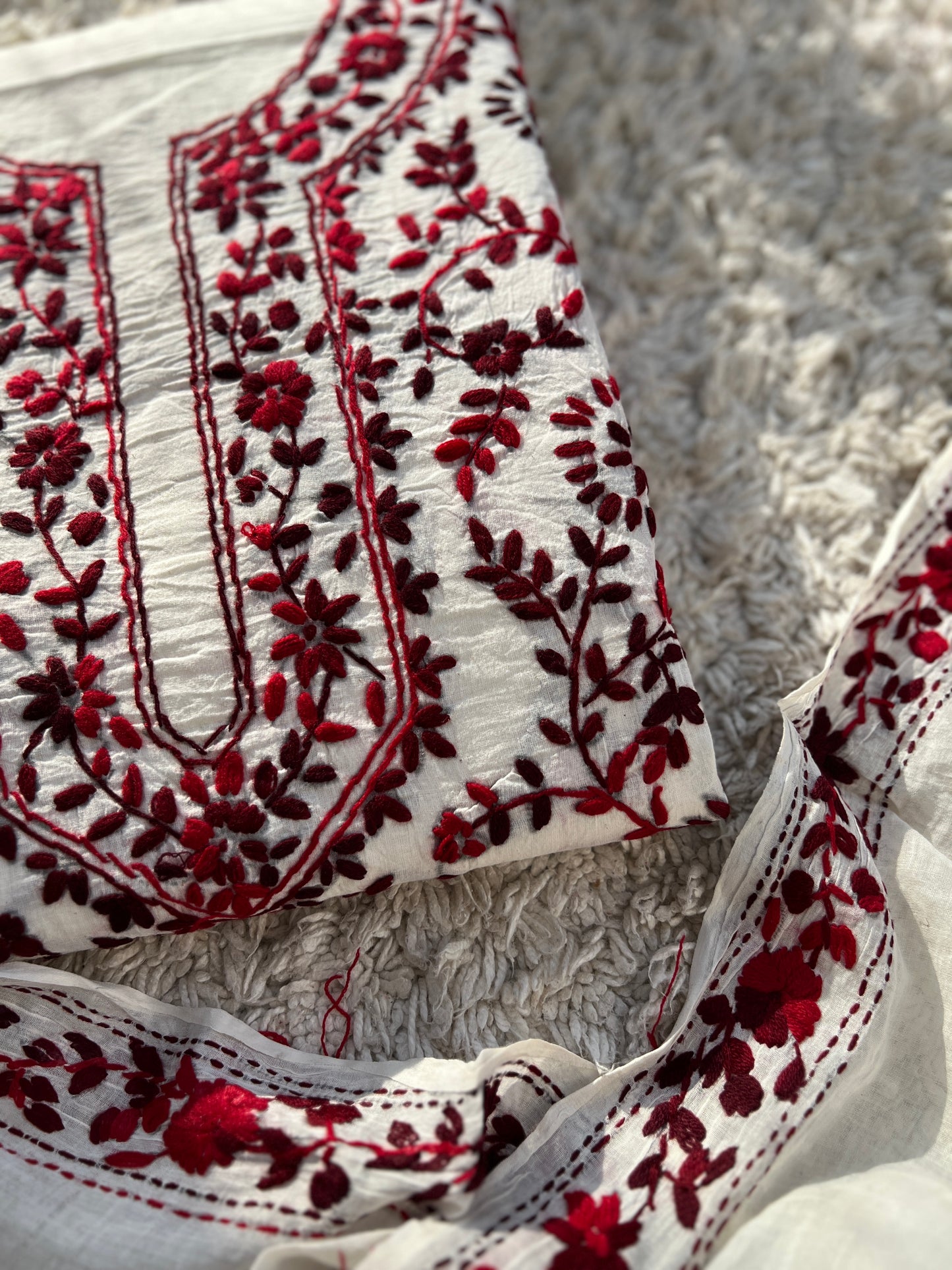 Ivory & Wine Red Hand Embroidered Cotton Suit Set