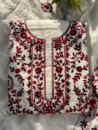 Ivory & Wine Red Hand Embroidered Cotton Suit Set