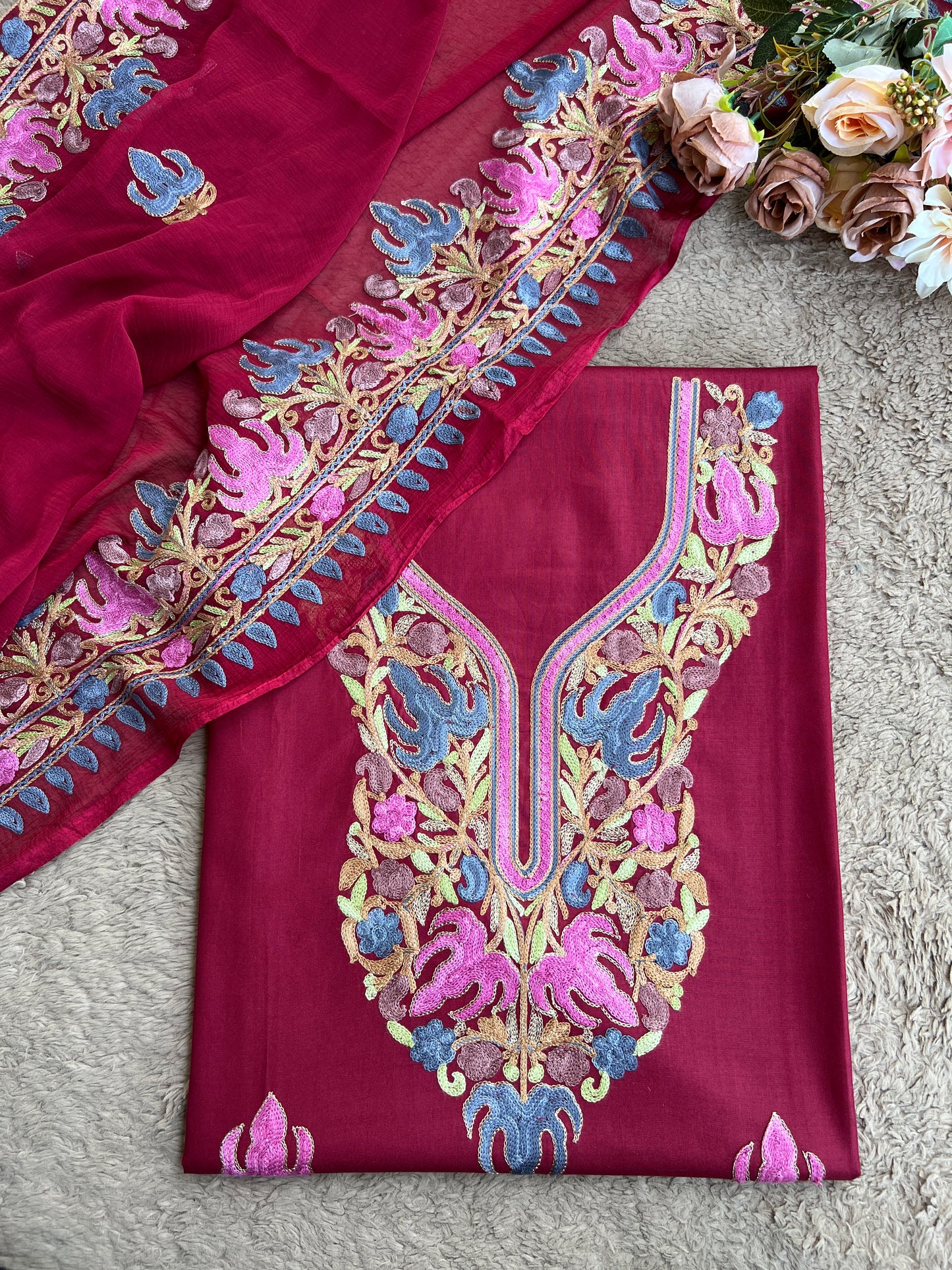 Wine Berry All-Season Kashmiri Embroidered Modal Cotton Suit SetPp