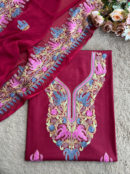 Wine Berry All-Season Kashmiri Embroidered Modal Cotton Suit SetPp