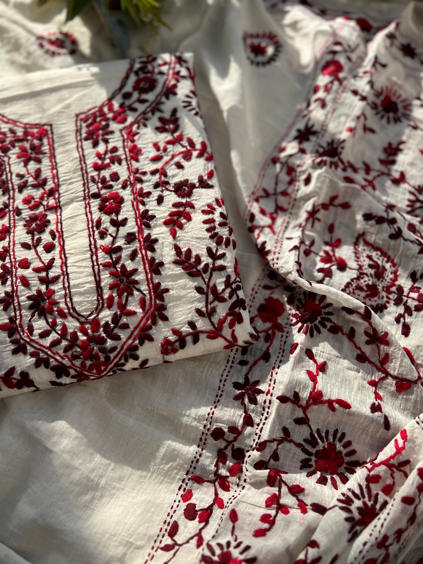 Ivory & Wine Red Hand Embroidered Cotton Suit Set
