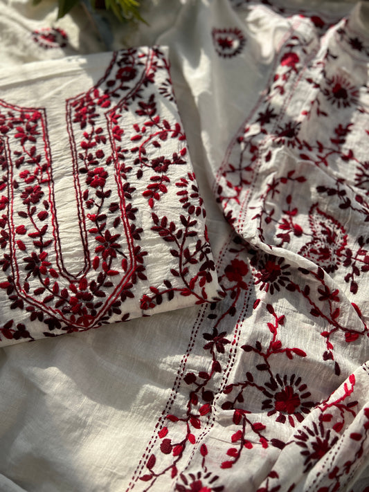 Ivory & Wine Red Hand Embroidered Cotton Suit Set