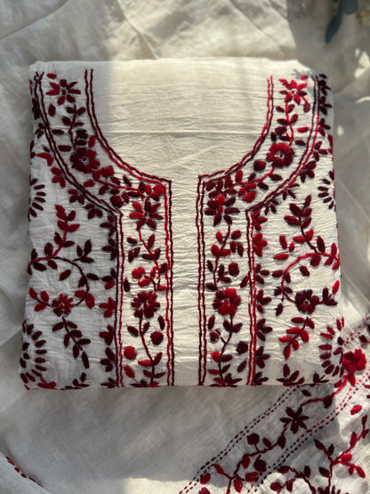 Ivory & Wine Red Hand Embroidered Cotton Suit Set