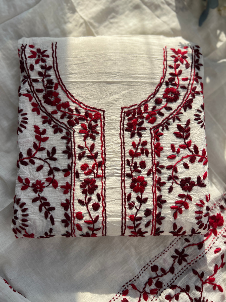 Ivory & Wine Red Hand Embroidered Cotton Suit Set