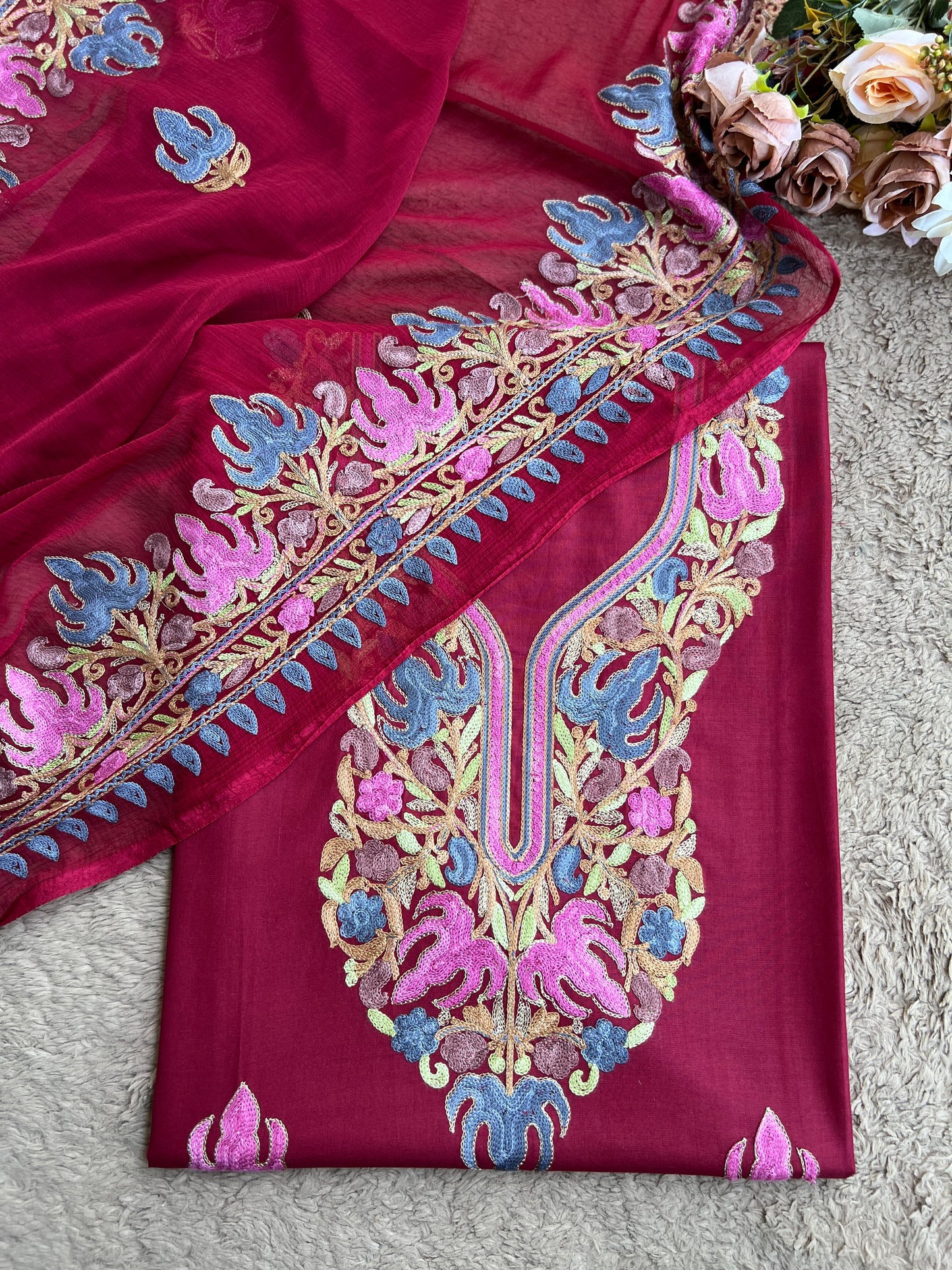 Wine Berry All-Season Kashmiri Embroidered Modal Cotton Suit SetPp