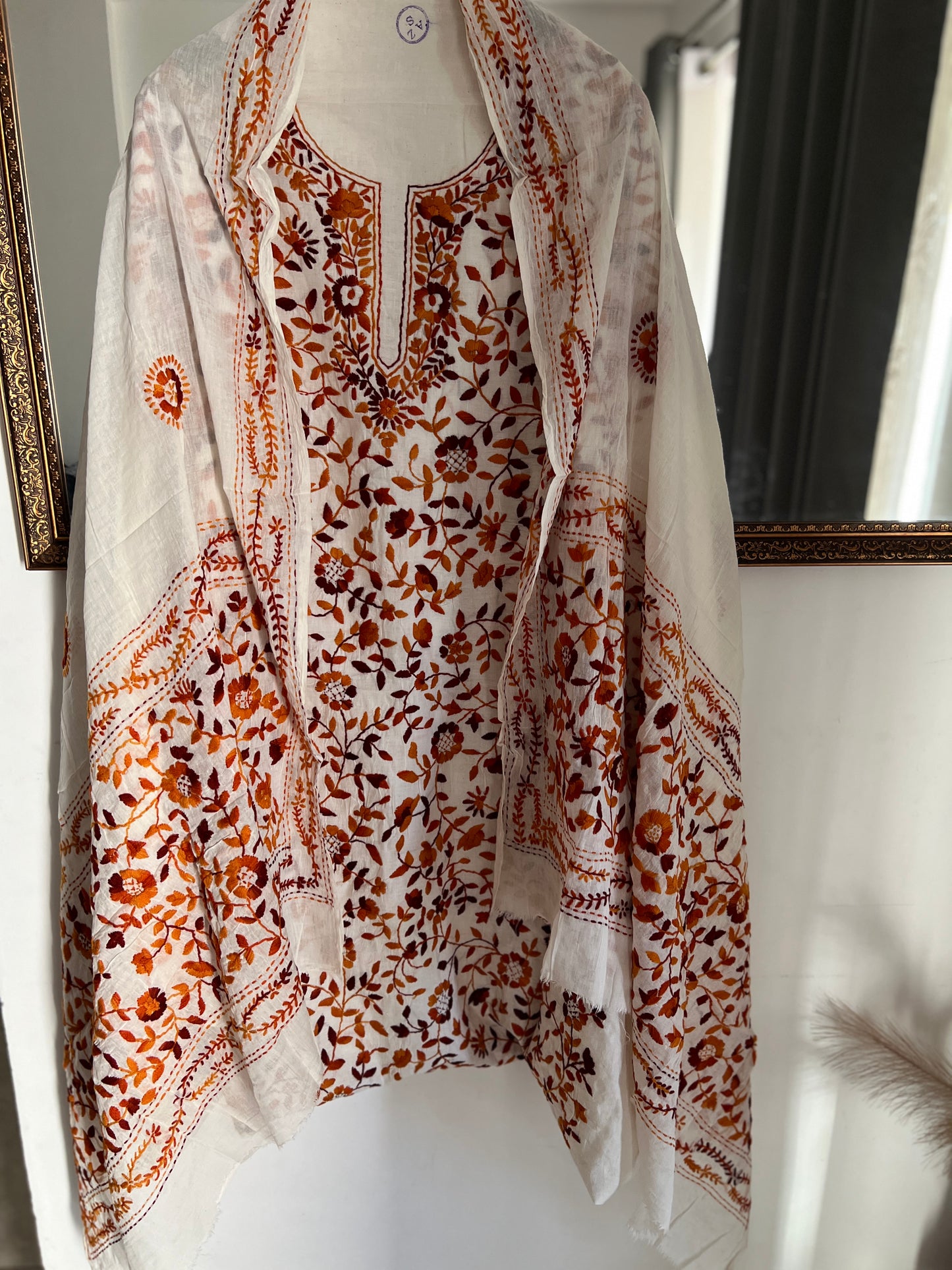 Ivory & Rust Hand Embroidered Cotton Suit Set
