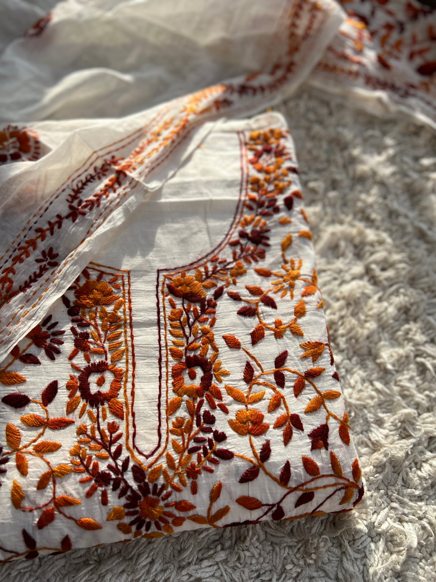 Ivory & Rust Hand Embroidered Cotton Suit Set
