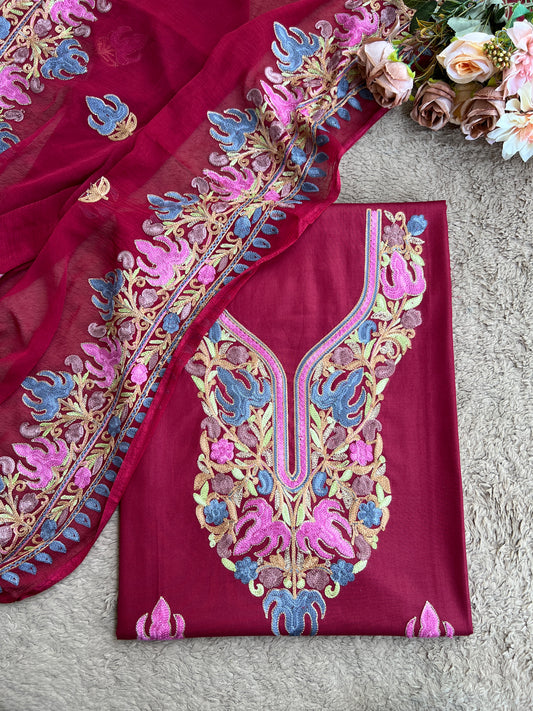 Wine Berry All-Season Kashmiri Embroidered Modal Cotton Suit SetPp