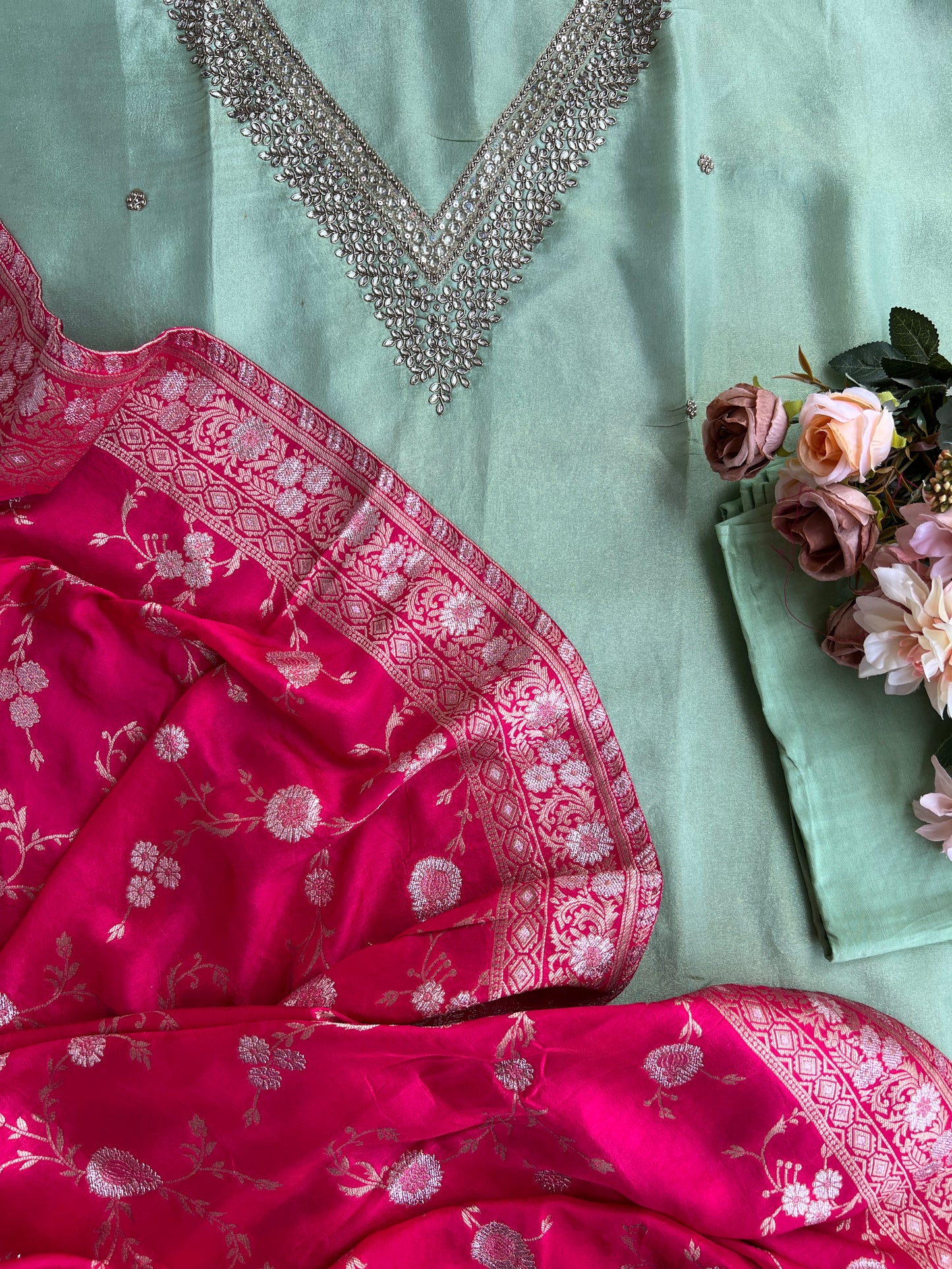 Elegant Pastel V-Neck Suit with Intricate Mirror Embellishment
