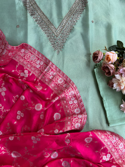 Elegant Pastel V-Neck Suit with Intricate Mirror Embellishment