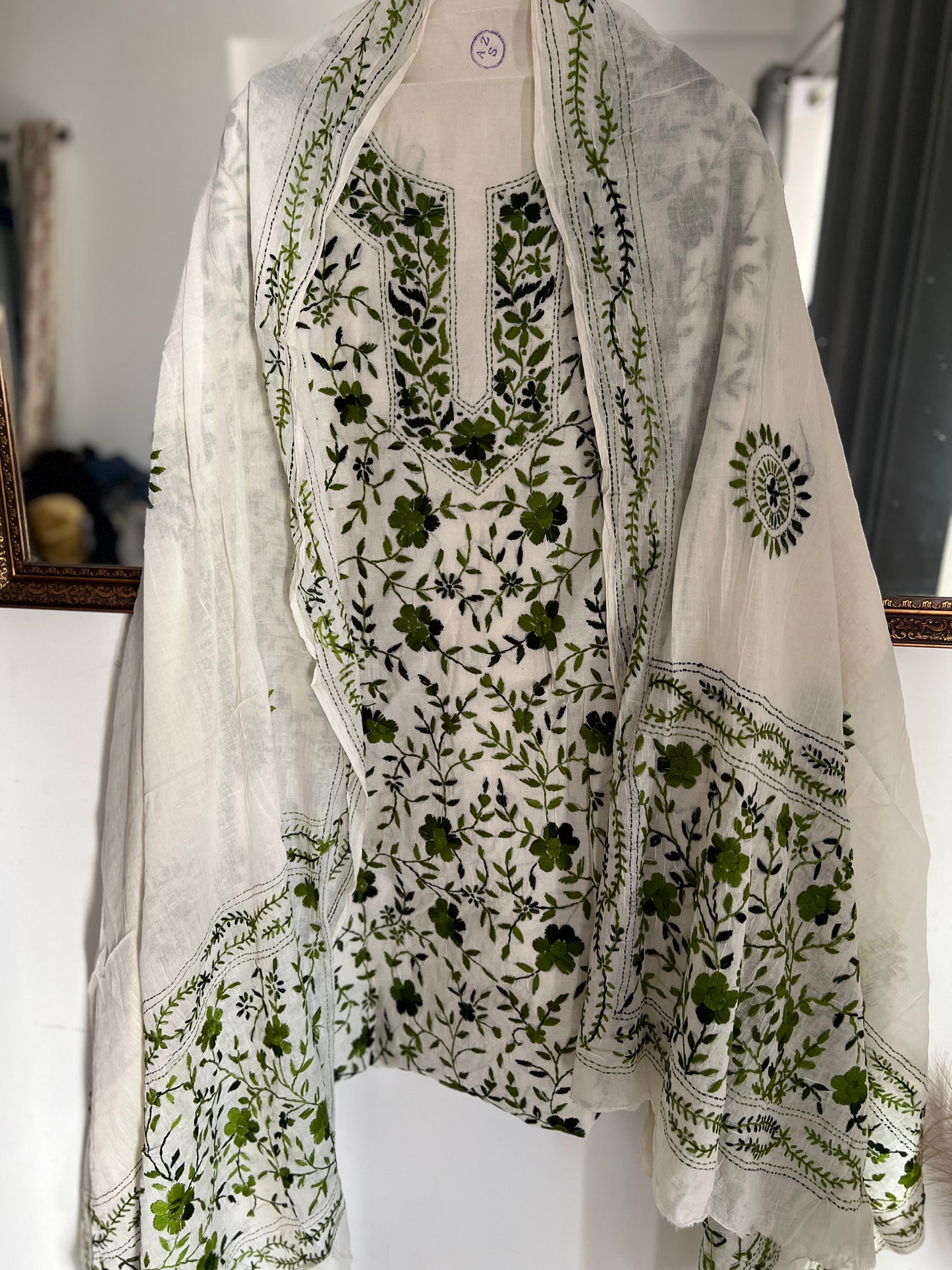Ivory & Olive Green Hand Embroidered Cotton Suit Set