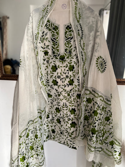 Ivory & Olive Green Hand Embroidered Cotton Suit Set