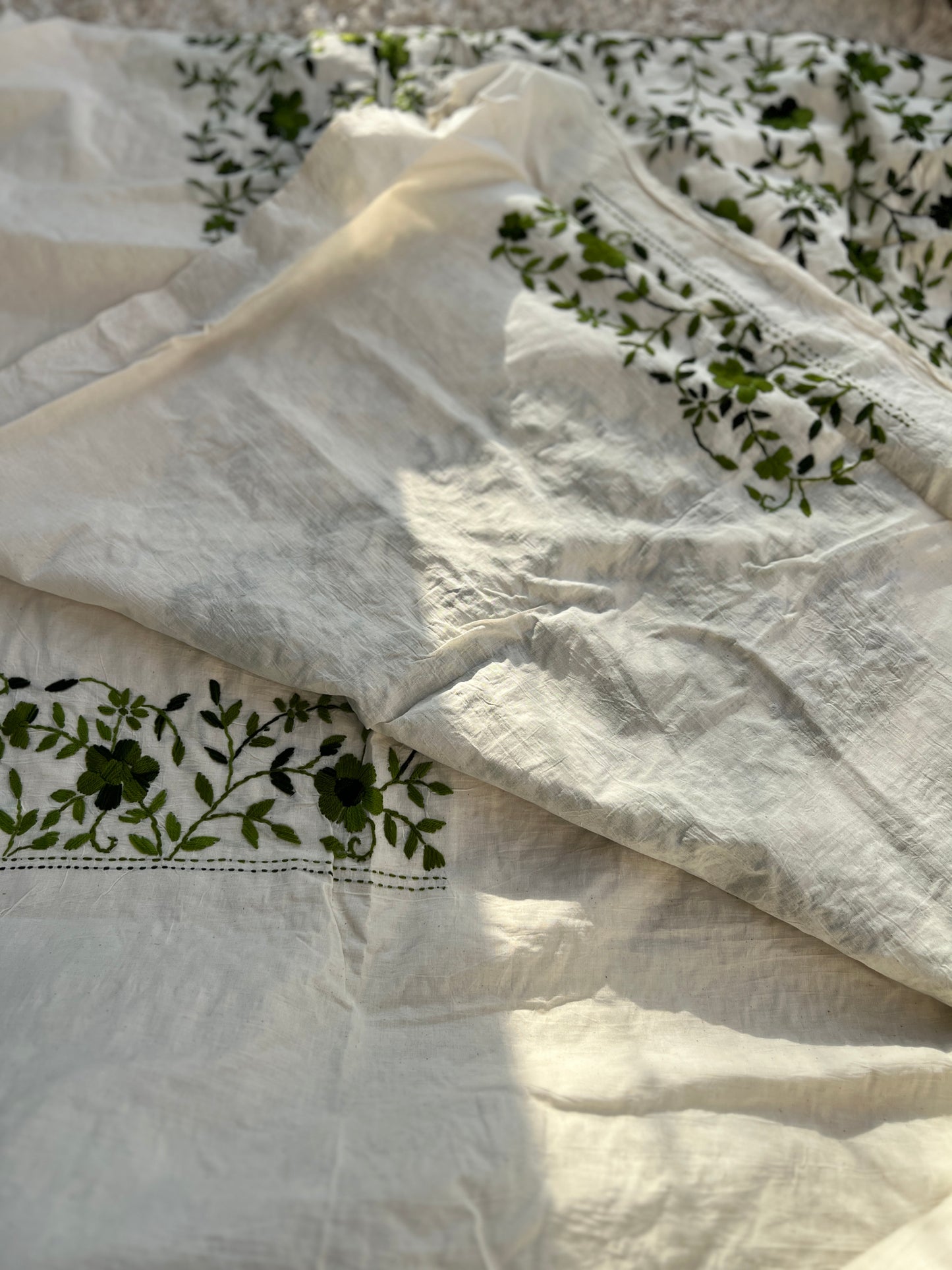 Ivory & Olive Green Hand Embroidered Cotton Suit Set