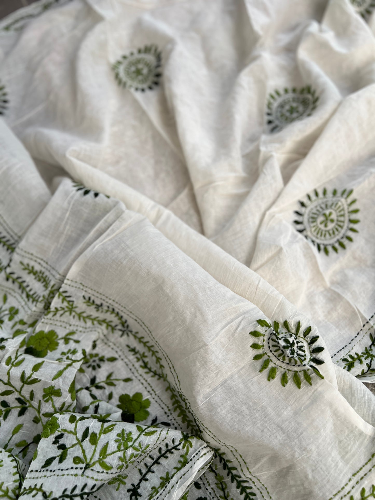 Ivory & Olive Green Hand Embroidered Cotton Suit Set