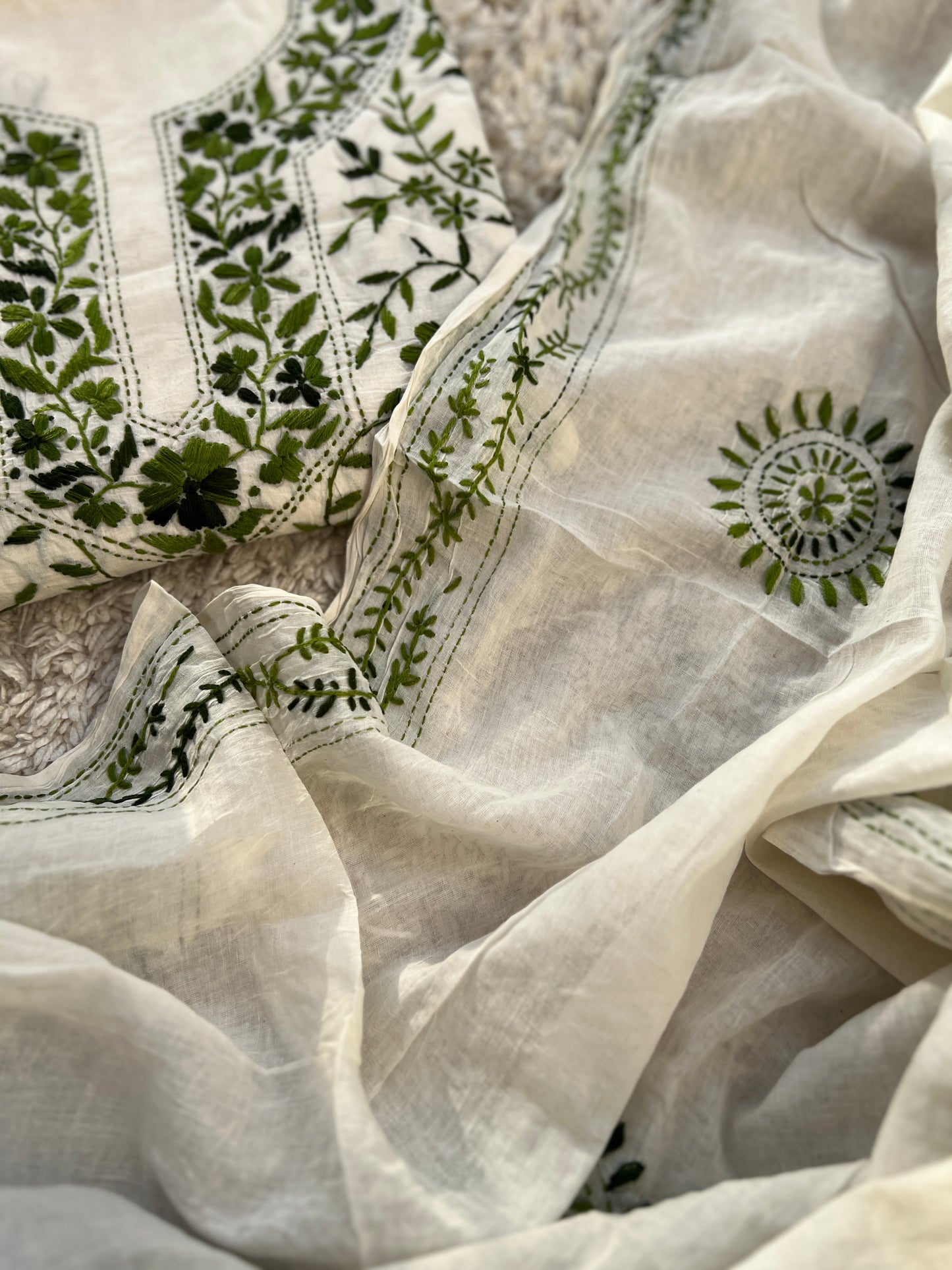 Ivory & Olive Green Hand Embroidered Cotton Suit Set