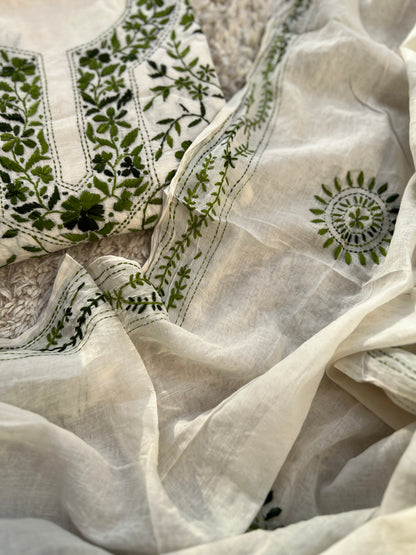 Ivory & Olive Green Hand Embroidered Cotton Suit Set