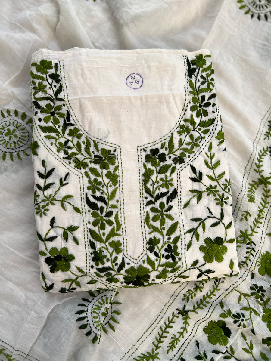 Ivory & Olive Green Hand Embroidered Cotton Suit Set