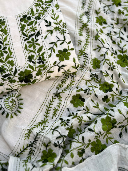 Ivory & Olive Green Hand Embroidered Cotton Suit Set