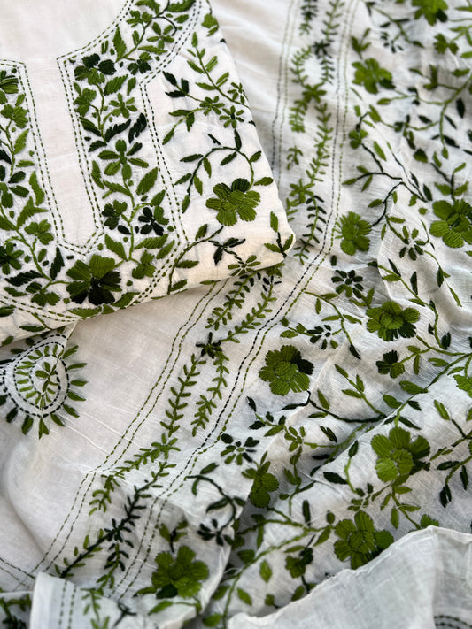 Ivory & Olive Green Hand Embroidered Cotton Suit Set
