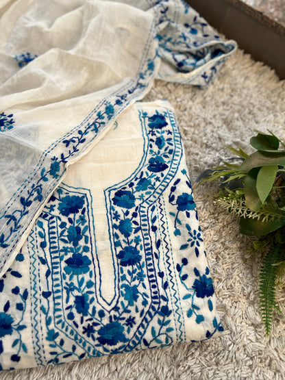 Ivory & Royal Blue Hand Embroidered Cotton Suit Set