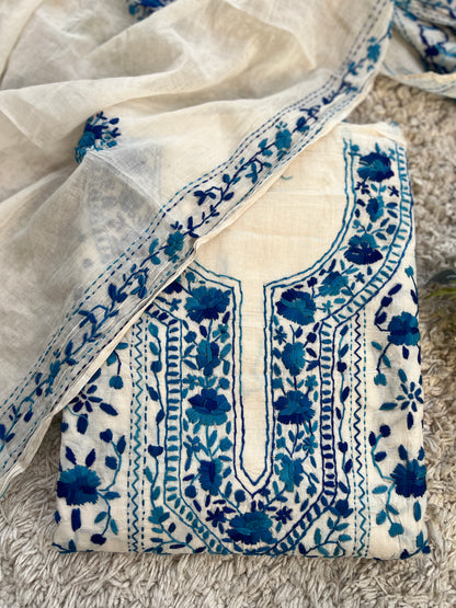 Ivory & Royal Blue Hand Embroidered Cotton Suit Set