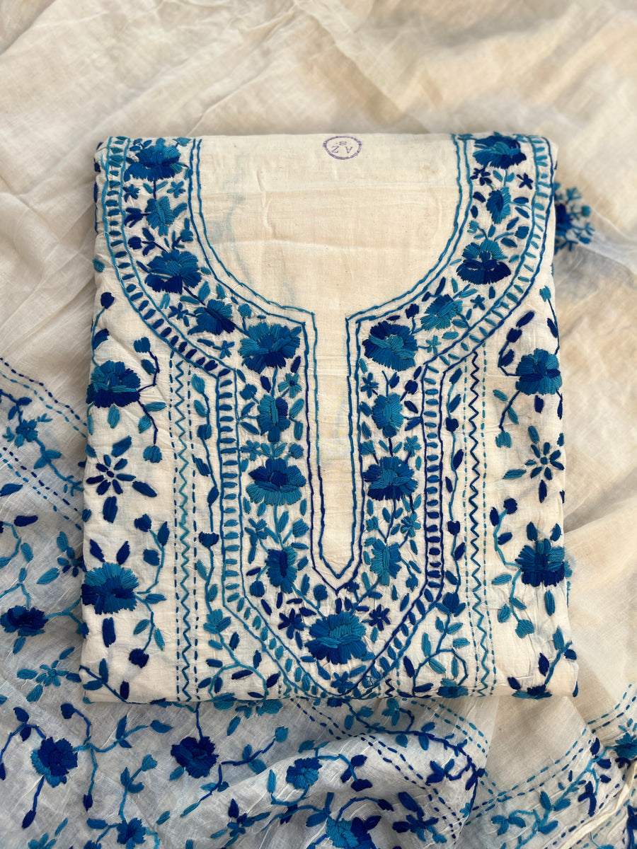Ivory & Royal Blue Hand Embroidered Cotton Suit Set