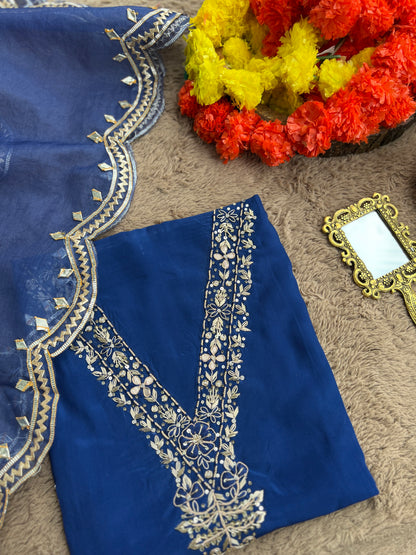 Blue Russian Crepe Suit with Handwork & Gota Phool Organza Dupatta