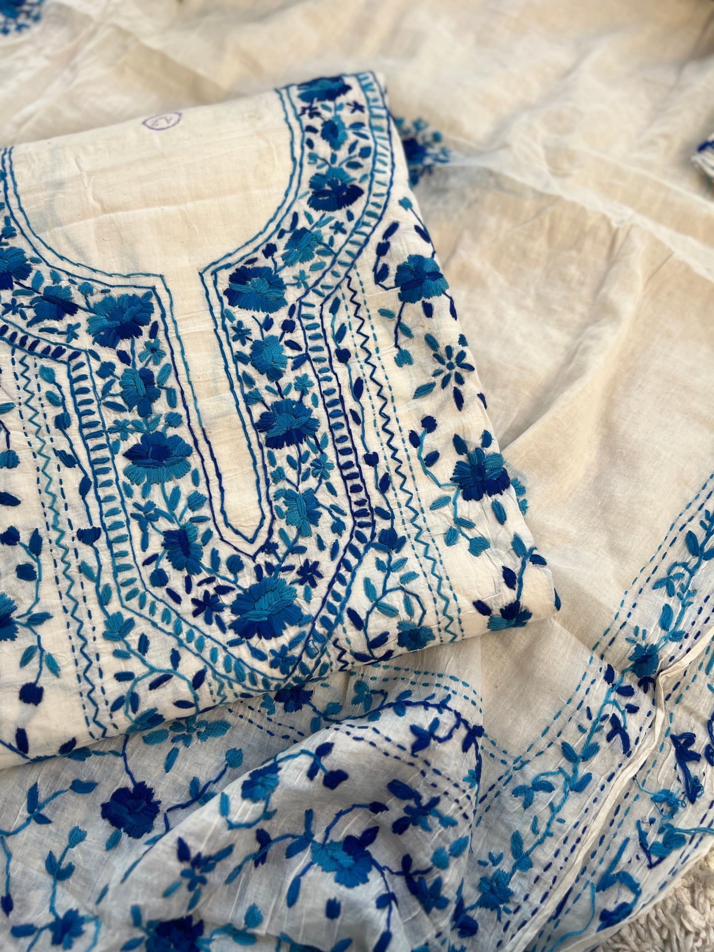 Ivory & Royal Blue Hand Embroidered Cotton Suit Set