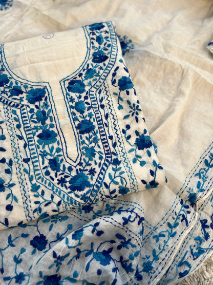 Ivory & Royal Blue Hand Embroidered Cotton Suit Set