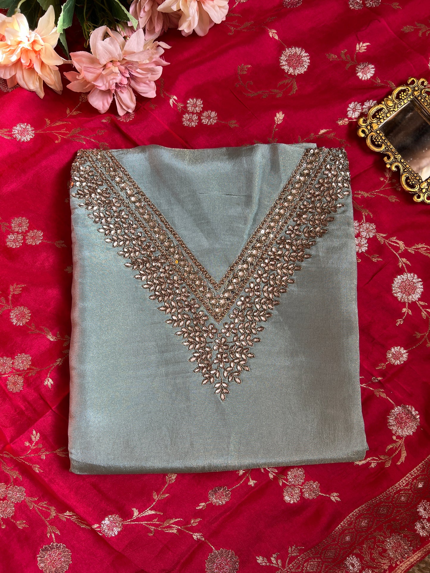 Elegant Pastel V-Neck Suit with Intricate Mirror Embellishment