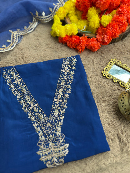 Blue Russian Crepe Suit with Handwork & Gota Phool Organza Dupatta