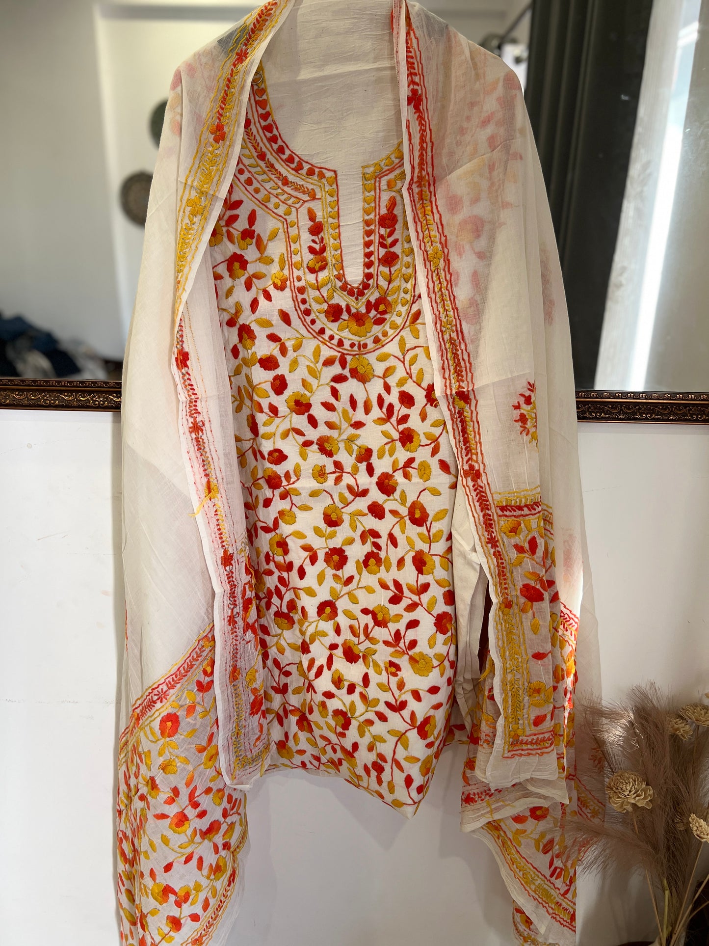 Ivory & Sunset Orange Hand Embroidered Cotton Suit Set