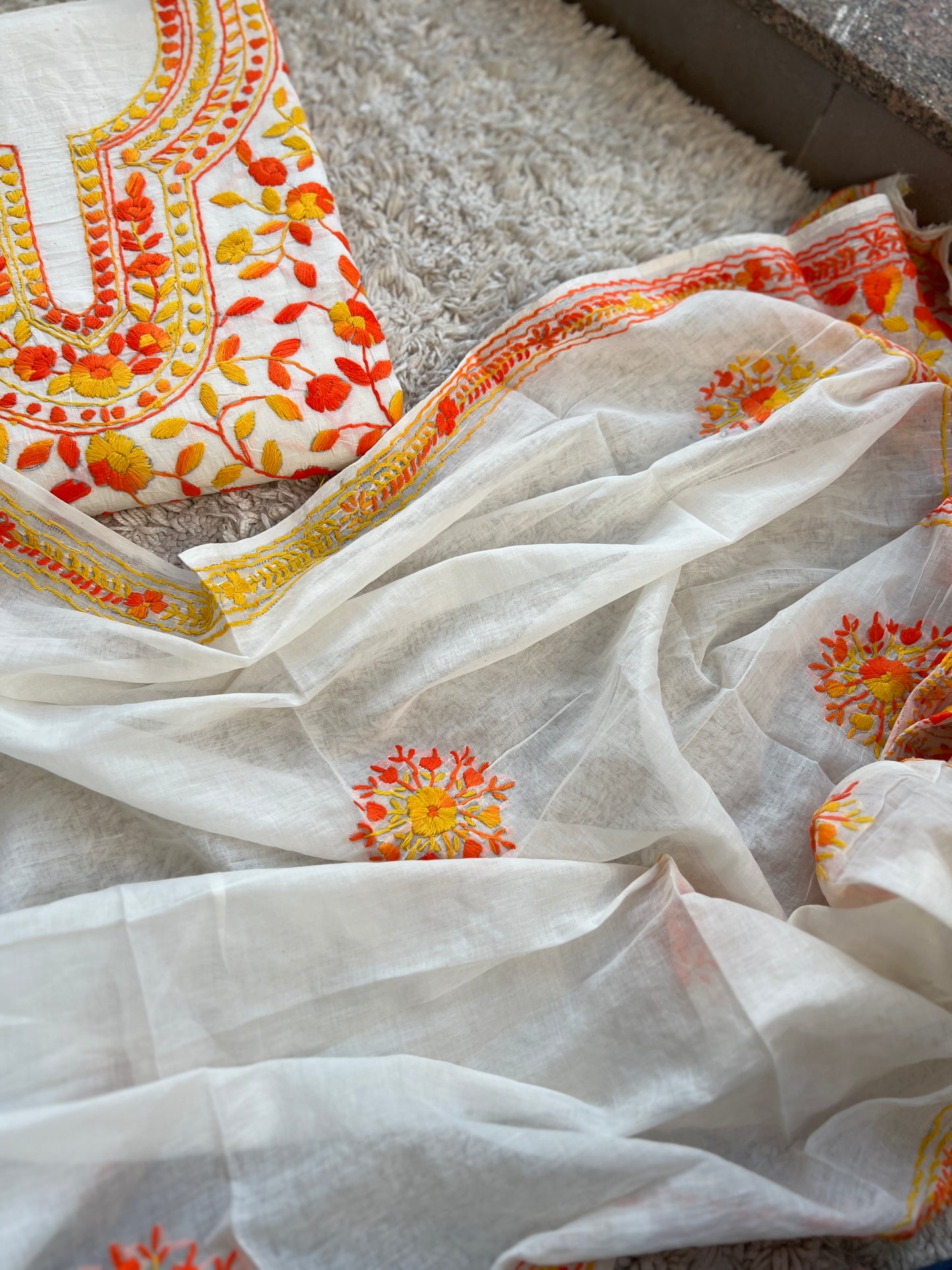 Ivory & Sunset Orange Hand Embroidered Cotton Suit Set