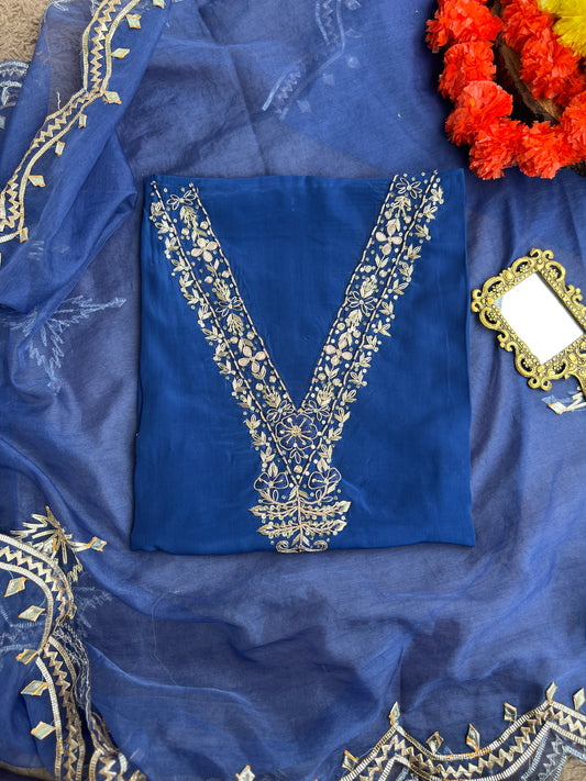 Blue Russian Crepe Suit with Handwork & Gota Phool Organza Dupatta