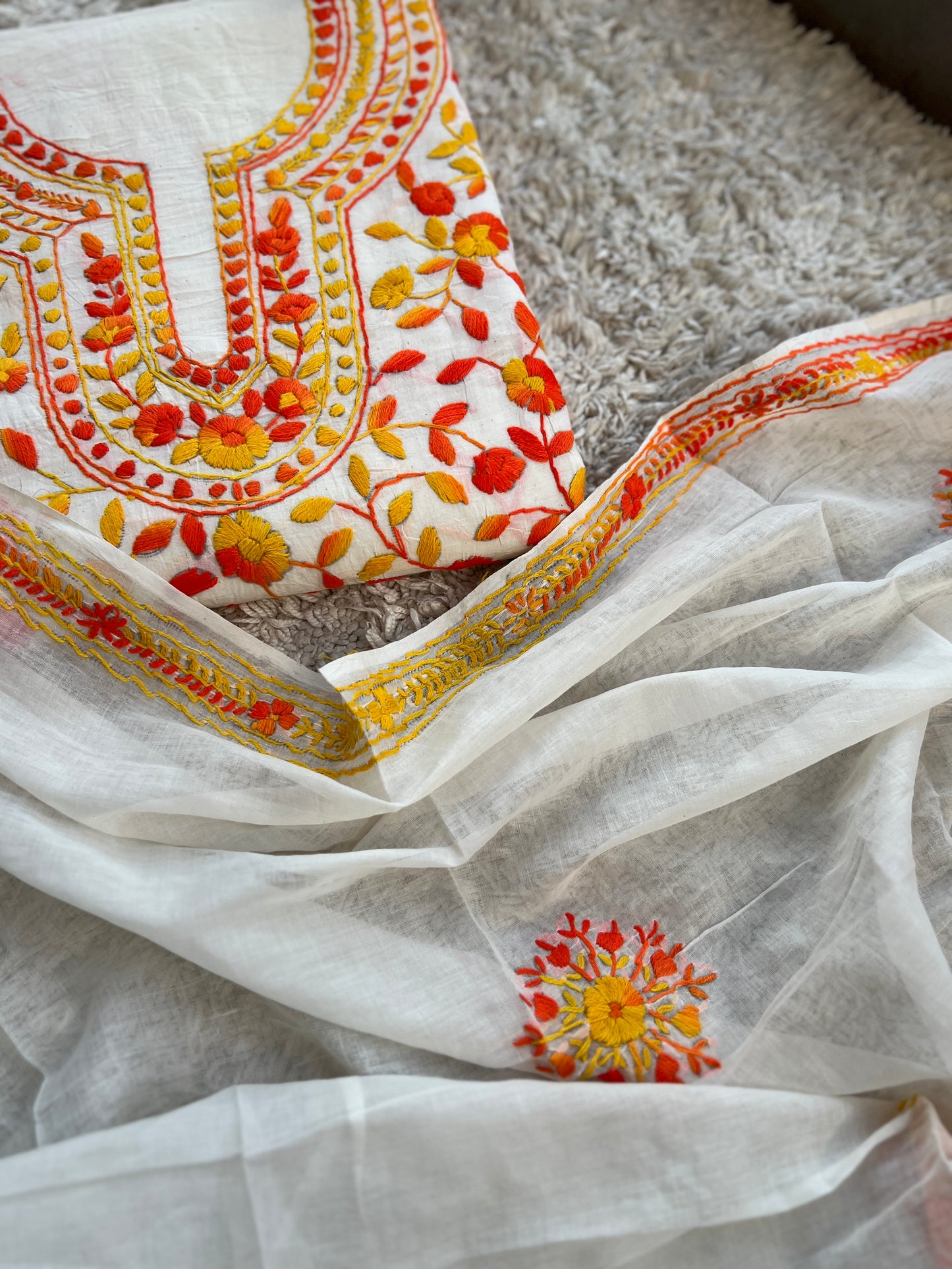 Ivory & Sunset Orange Hand Embroidered Cotton Suit Set