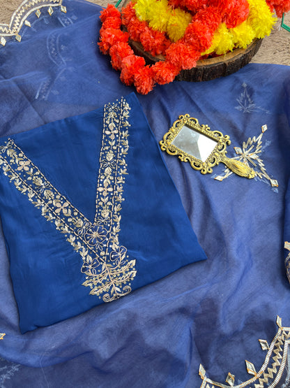 Blue Russian Crepe Suit with Handwork & Gota Phool Organza Dupatta