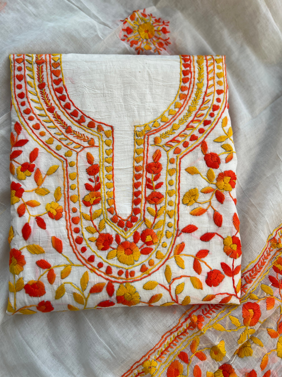 Ivory & Sunset Orange Hand Embroidered Cotton Suit Set