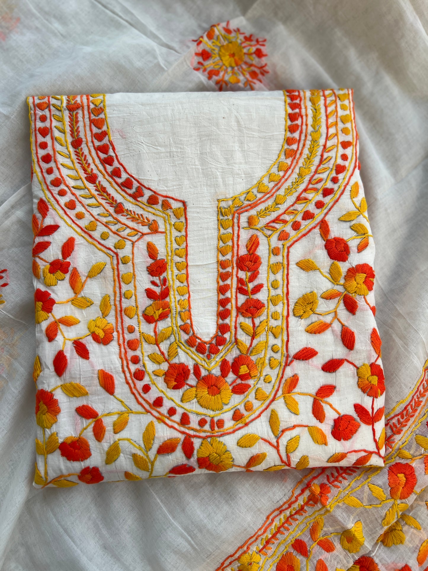 Ivory & Sunset Orange Hand Embroidered Cotton Suit Set