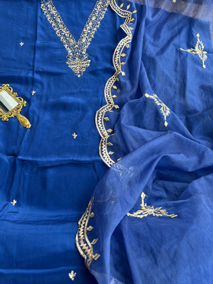 Blue Russian Crepe Suit with Handwork & Gota Phool Organza Dupatta