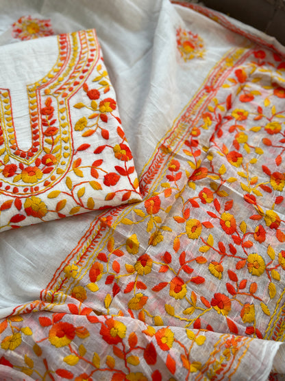 Ivory & Sunset Orange Hand Embroidered Cotton Suit Set