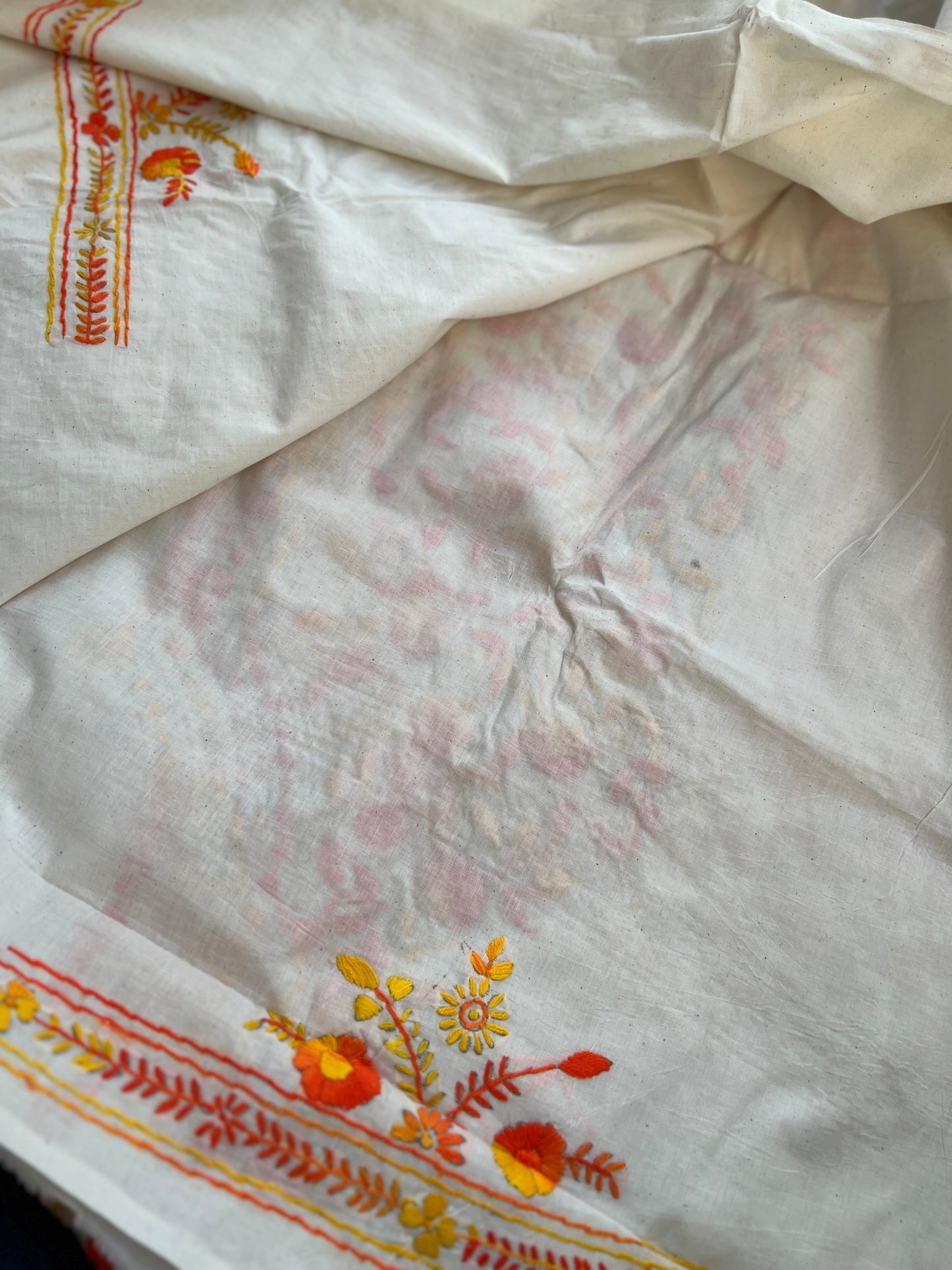 Ivory & Sunset Orange Hand Embroidered Cotton Suit Set