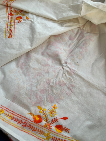 Ivory & Sunset Orange Hand Embroidered Cotton Suit Set