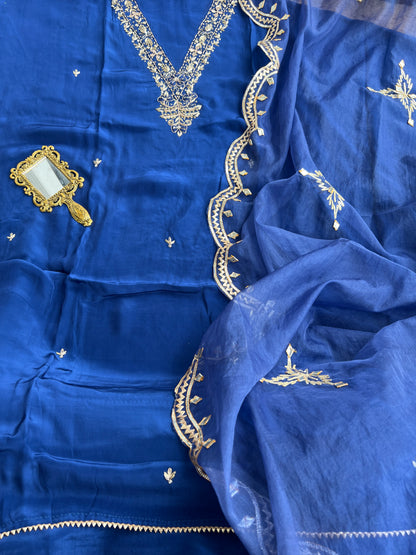 Blue Russian Crepe Suit with Handwork & Gota Phool Organza Dupatta