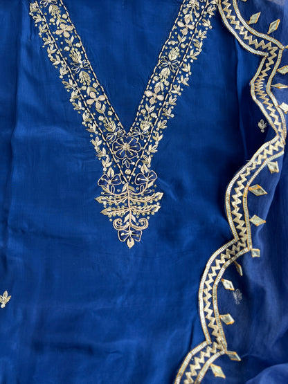 Blue Russian Crepe Suit with Handwork & Gota Phool Organza Dupatta