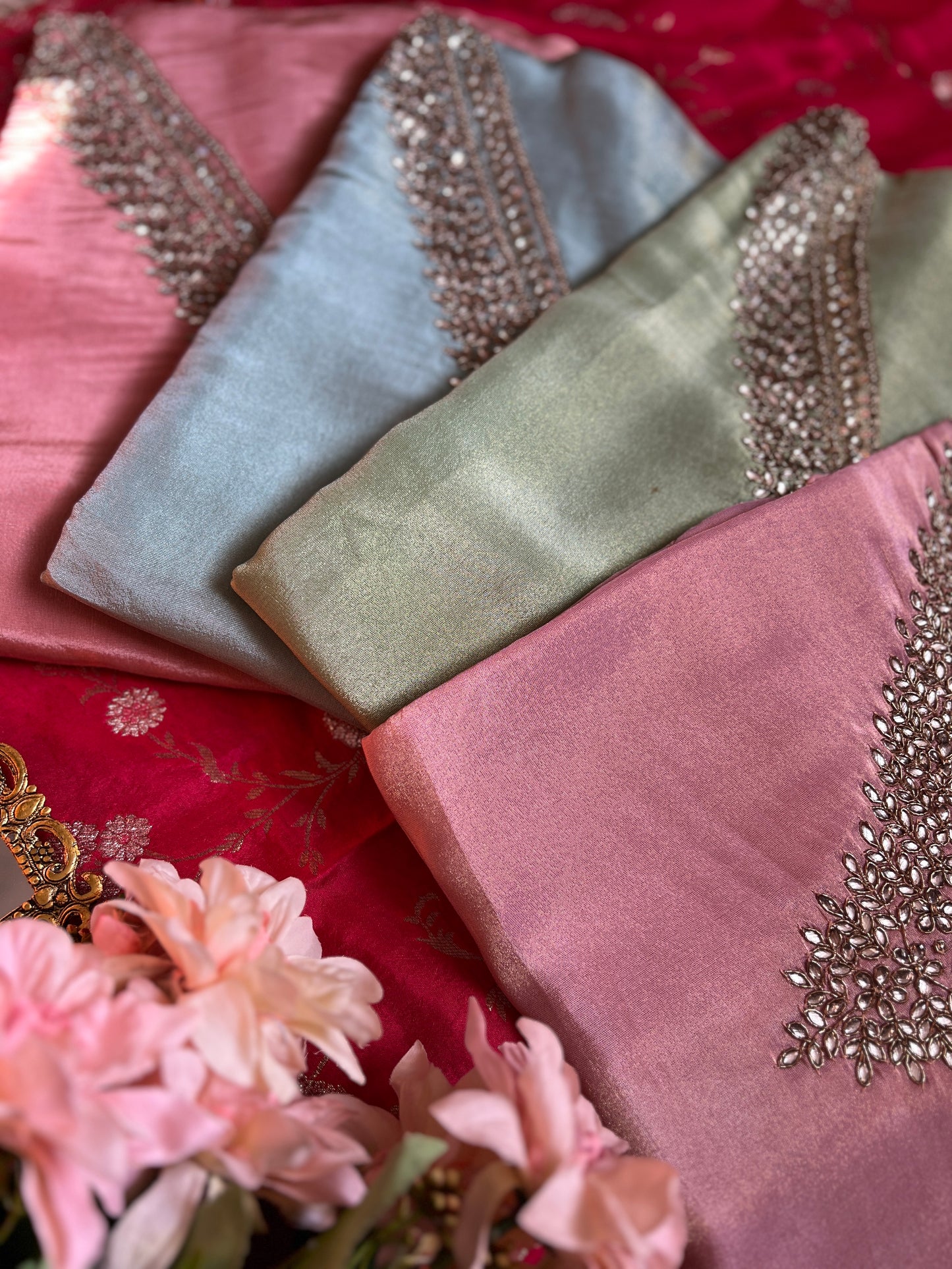 Elegant Pastel V-Neck Suit with Intricate Mirror Embellishment