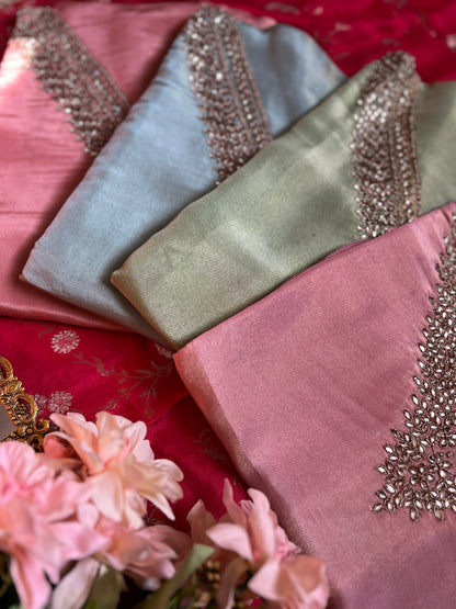 Elegant Pastel V-Neck Suit with Intricate Mirror Embellishment