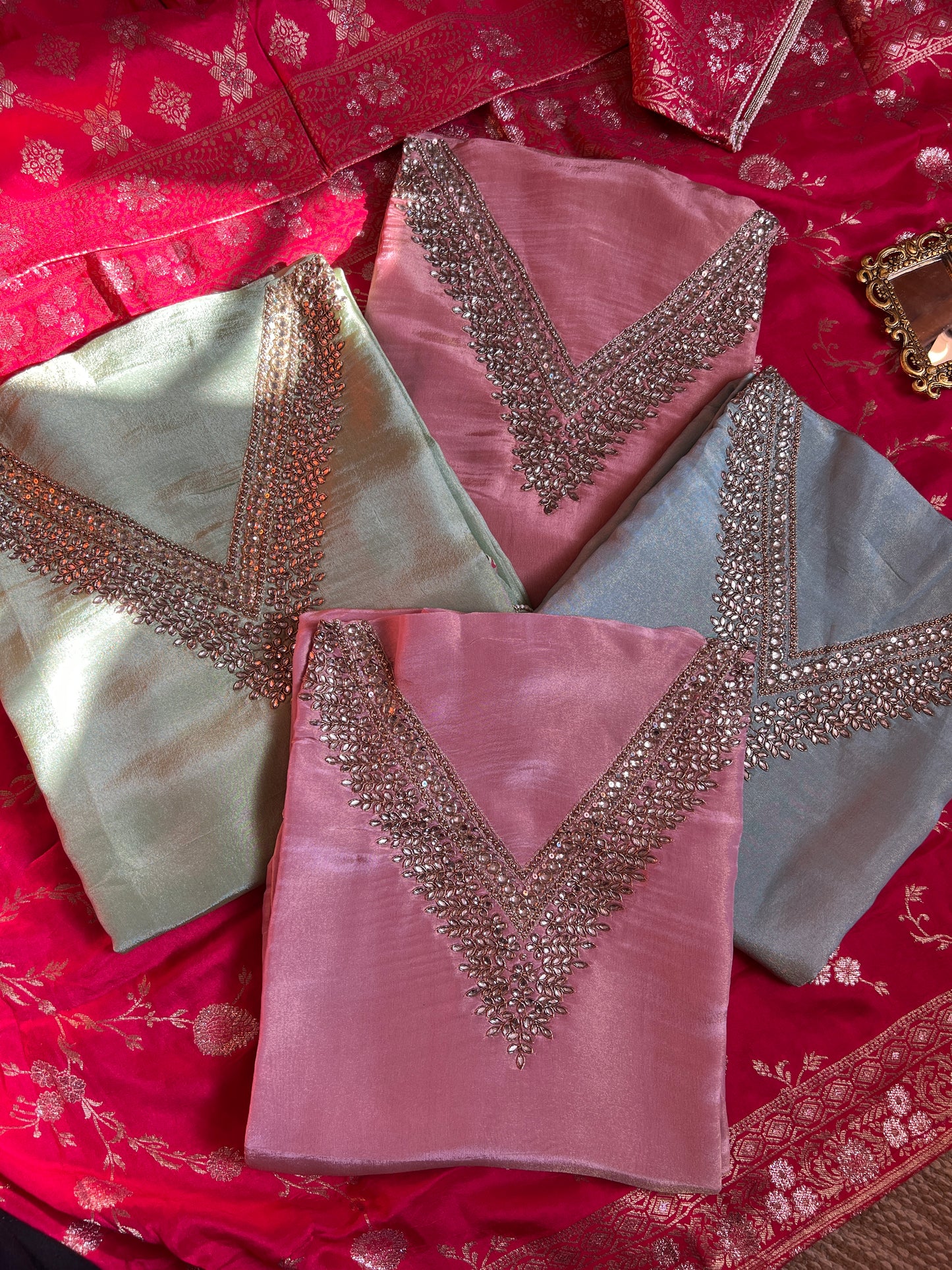 Elegant Pastel V-Neck Suit with Intricate Mirror Embellishment